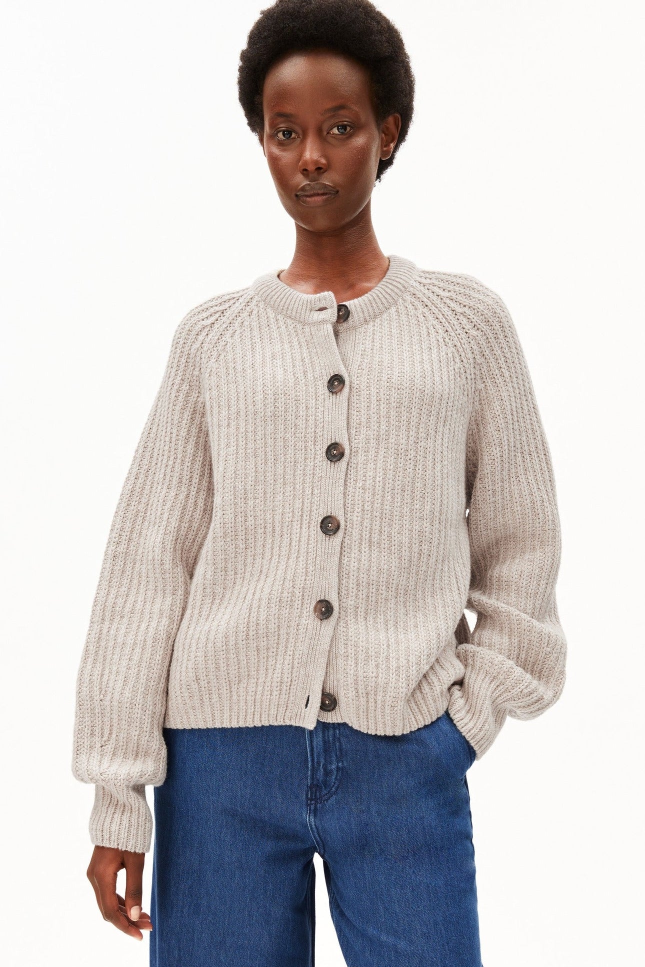 ARMEDANGELS-Rib Knit Cardigan-Honey Melange-BACKYARD