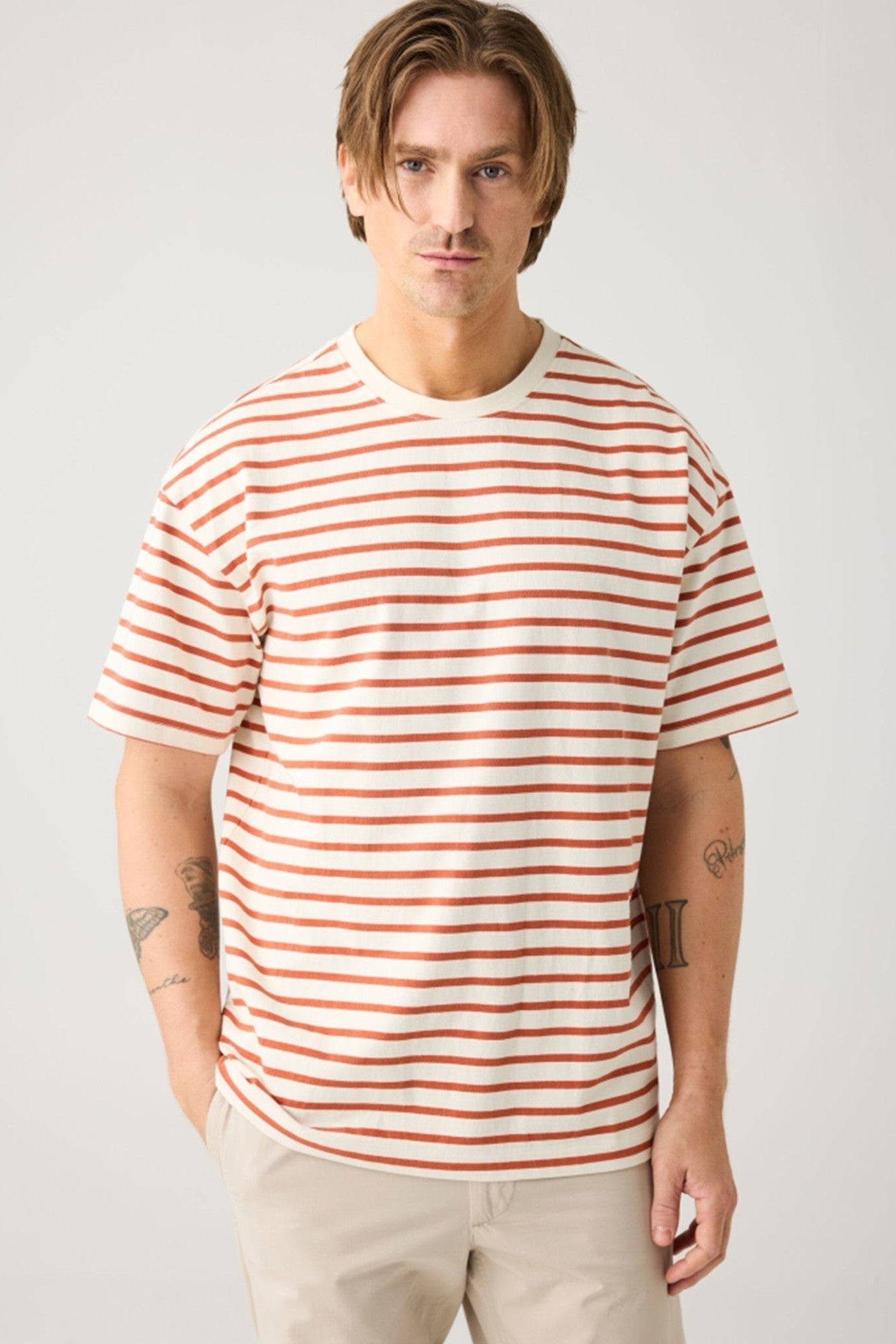 KNOWLEDGE COTTON - Organic Cotton Striped T-Shirt - Red Stripe - BACKYARD