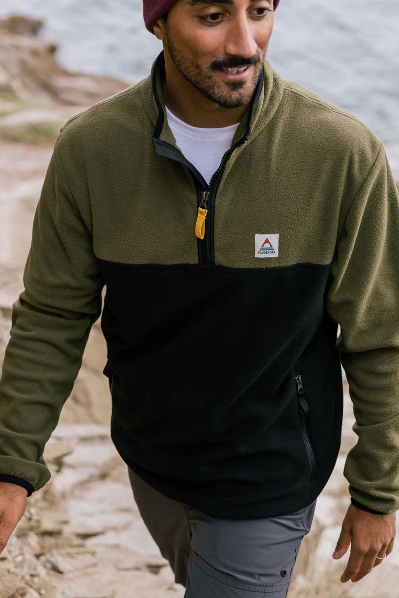 PASSENGER - Set Off Recycled Polar 1/4 Zip Fleece - Khaki - BACKYARD